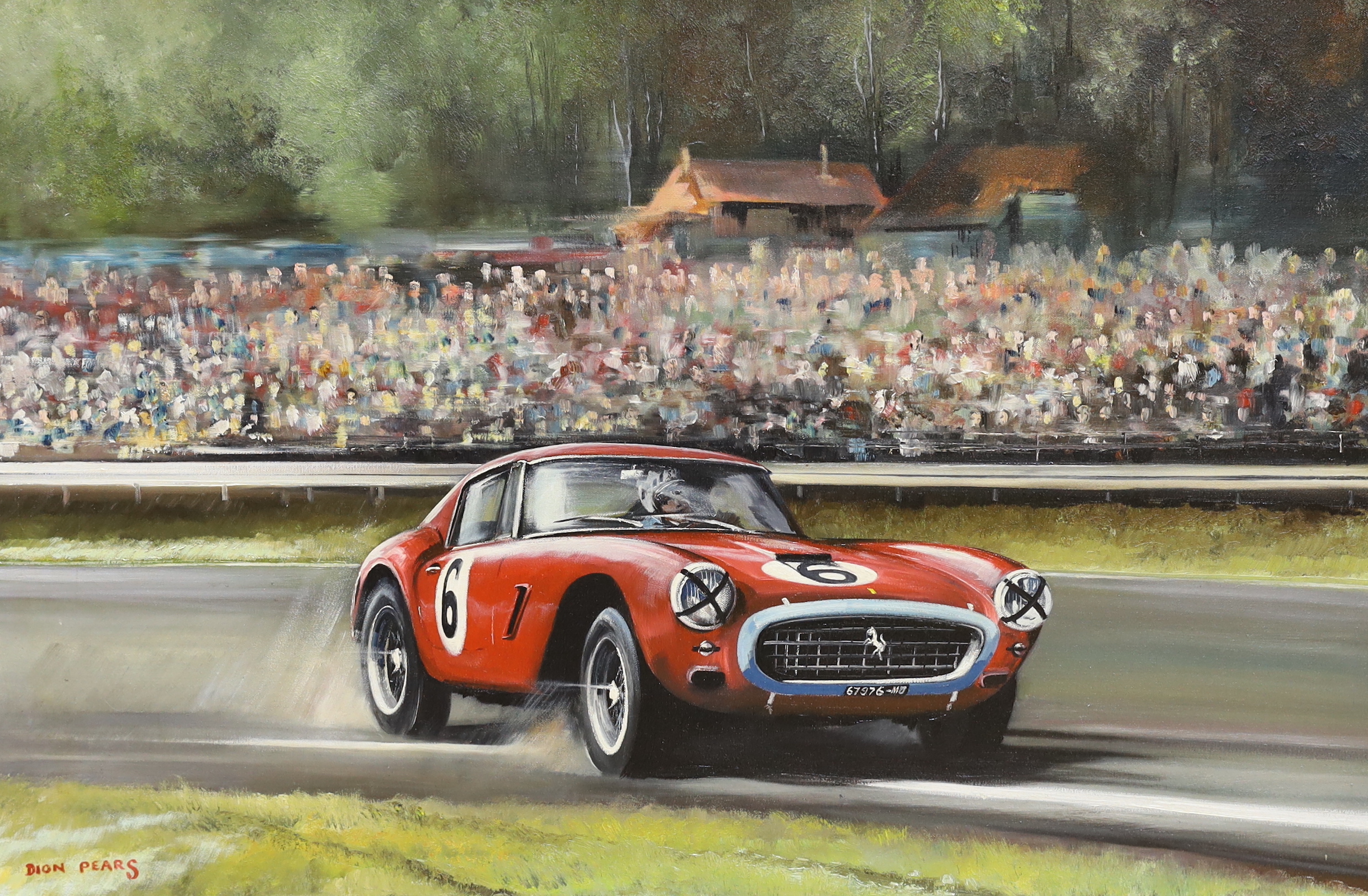 Dion Pears (1929-1985), oil on canvas, 'Ferrari 250 SWB, 1961 Tourist Trophy', signed, inscribed verso, 90 x 60cm